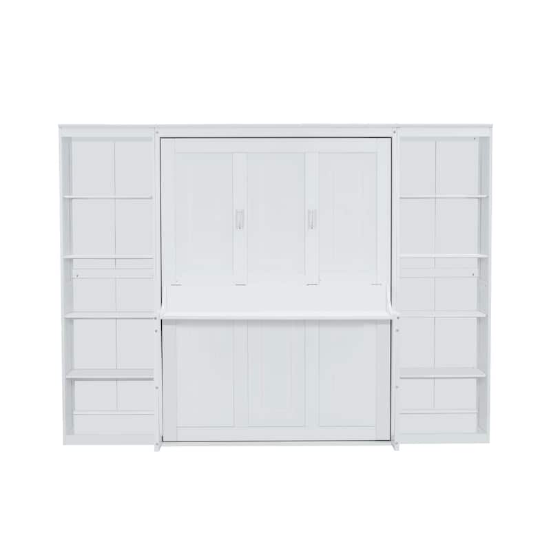 Space-Saving Full Size Murphy Bed with Built-In Desk and Bookshelf, White
