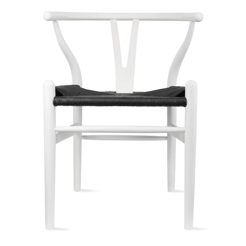 Woven Wood Armchair with Arms Open Y Back Mid Century Modern Office Dining Chairs Black Seat Kitchen Bedroom Organic Rattan - White
