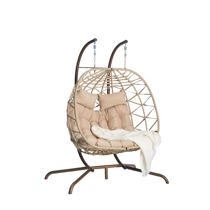 Double Rattan Egg Chair with Stand and UV-Resistant Cushions and Iron Frame - Outdoor Hanging Swing (600lb Capacity)