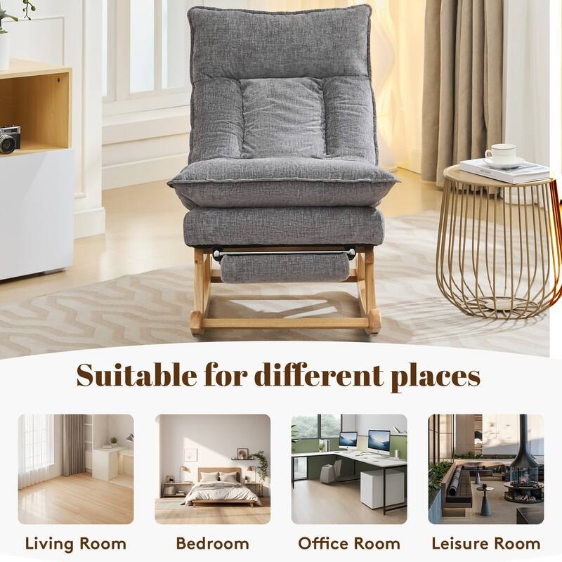 Fabric Upholstered Rocking Chair with Solid Wood Base and Hidden Footrest – Ergonomic Dual-Cushion Design