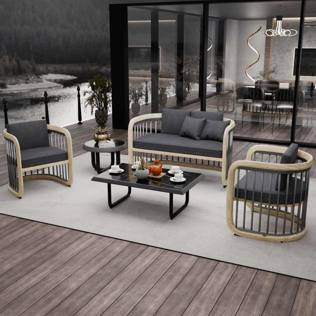 Klyra 5-Piece Outdoor Patio Conversation Set in Aluminum with a Rectangular Coffee Table , End Table and Olefin Fabric Cushions