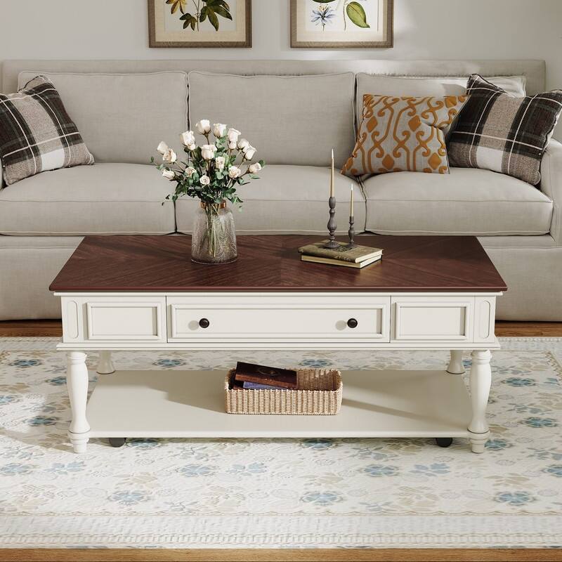 Farmhouse 47.2" Coffee Table with Drawer, Retro Design Easy Assembly and Movable Lockable Wheels for Living Room - Walnut&White