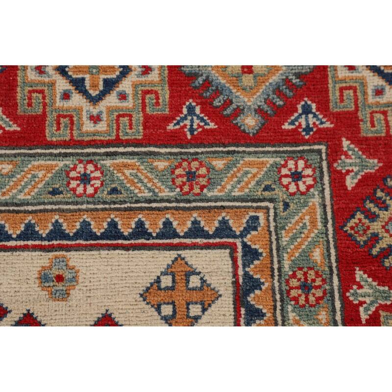 Ivory Geometric Kazak Oriental Area Rug Handmade Wool Carpet - 8'0" x 10'3"