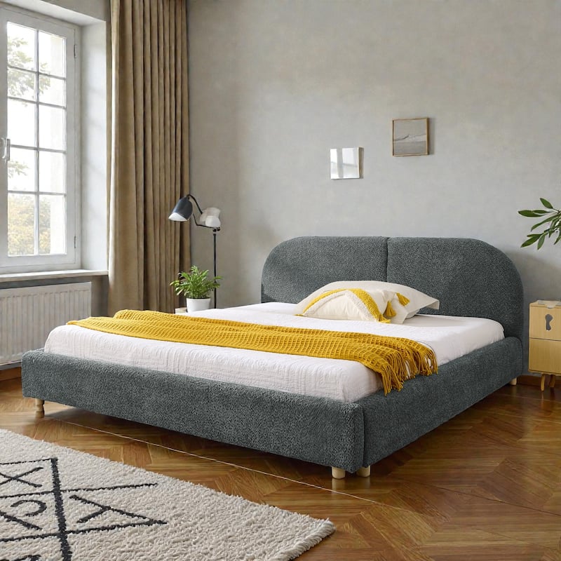 Upholstered Bed Frame with Tall Curved Headboard, Premium Circle Yarn Fabric, Modern Minimalist Platform Bed - Drak Grey - Queen