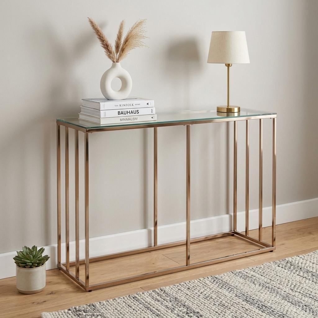 HomeRoots 42" Clear and Gold Glass and Metal Frame Console Table - 42.00 in. x 29.50 in. x 16.00 in.