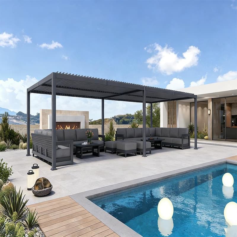 PURPLE LEAF Louvered Pergola Sun Shade Shelter with Adjustable Metal Roof for Patio Hardtop Pergola - 13' x 30' - Grey