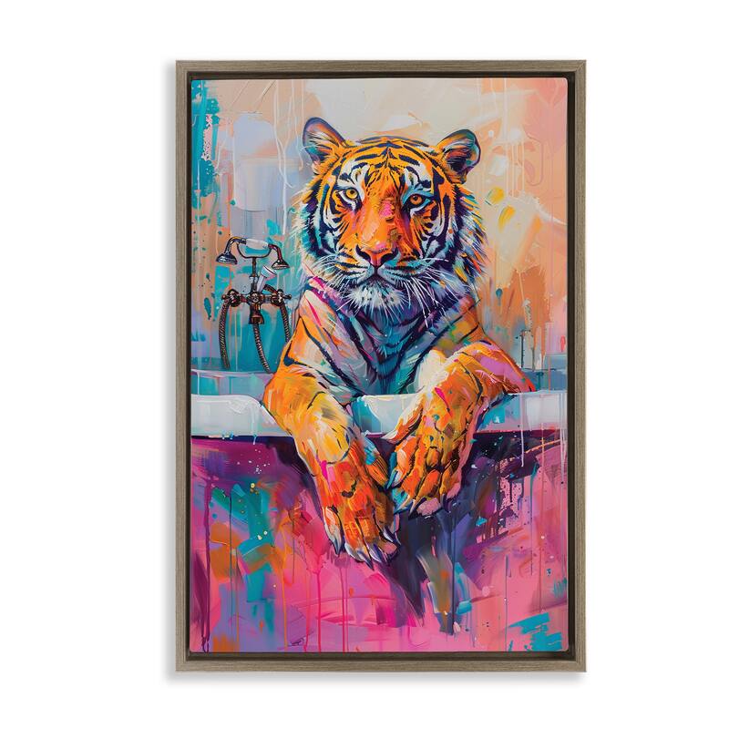 Stupell Bathing Tiger in Bright Tub Framed Floater Canvas Wall Art Design By LSR Design Studio - 21 x 31 - Brown