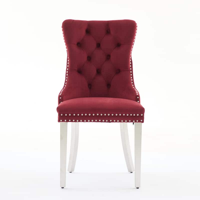 Velvet Dining Chairs Set of 2, Button Tufted Upholstered Dining Chair, Kitchen Chairs with Nailhead Trim & Stainless Steel Legs - WINE RED