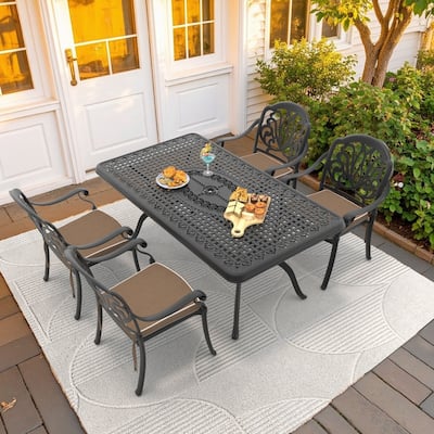 5-Piece Cast Aluminum Outdoor Dining Set with Brown Seat Cushions