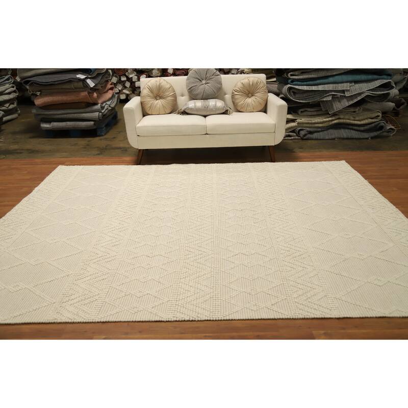 Hand Knotted Oriental 100% Wool Carpet Modern Geometric Beige & Ivories Modern Gotti Design Area Rug - 9' 10'' X 7' 10''