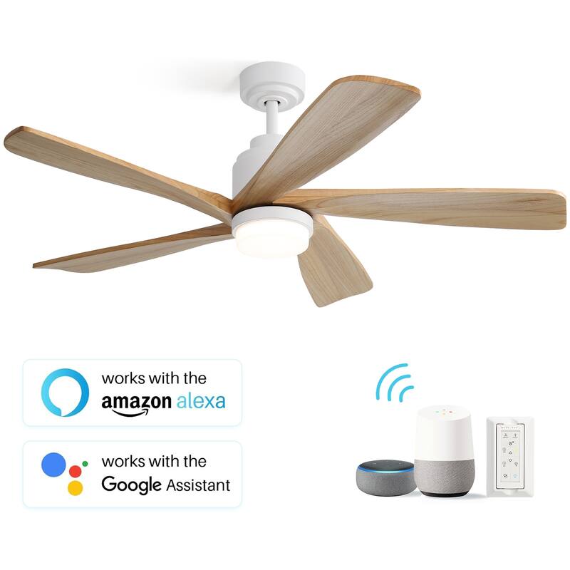 Modern Ceiling Fan With Light Smart Life APP Remote Control Timer For Alexa Google Bedroom Farmhouse - 52inch - White-Wood Color