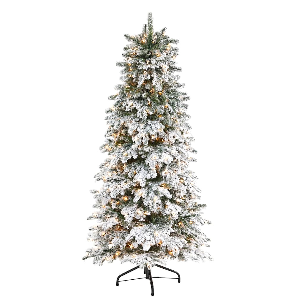 Flocked Fir Artificial Christmas Tree with Warm White Lights & Bendable Branches - Snowy Winter Holiday X-Mas Tree