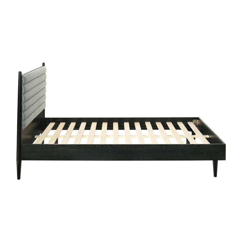 Artemio Black or Walnut Wood Queen Platform Bed Frame with Grey Upholstered Headboard