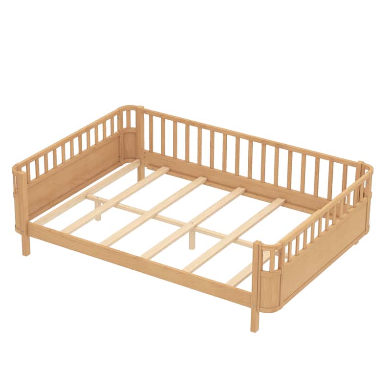 Multi Size Low Platform Bed for Kids with Rounded Corners Guardrails, Detachable Right-side Fence and Open Left-side Design