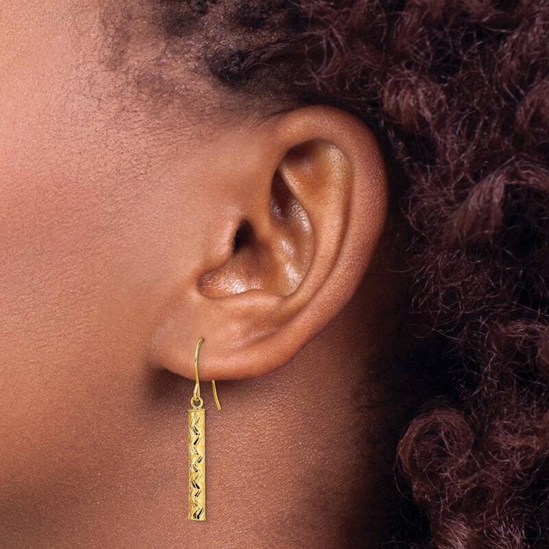 Curata 14k Yellow Gold 33.5x3.15mm Textured Bar Drop Hook Earrings
