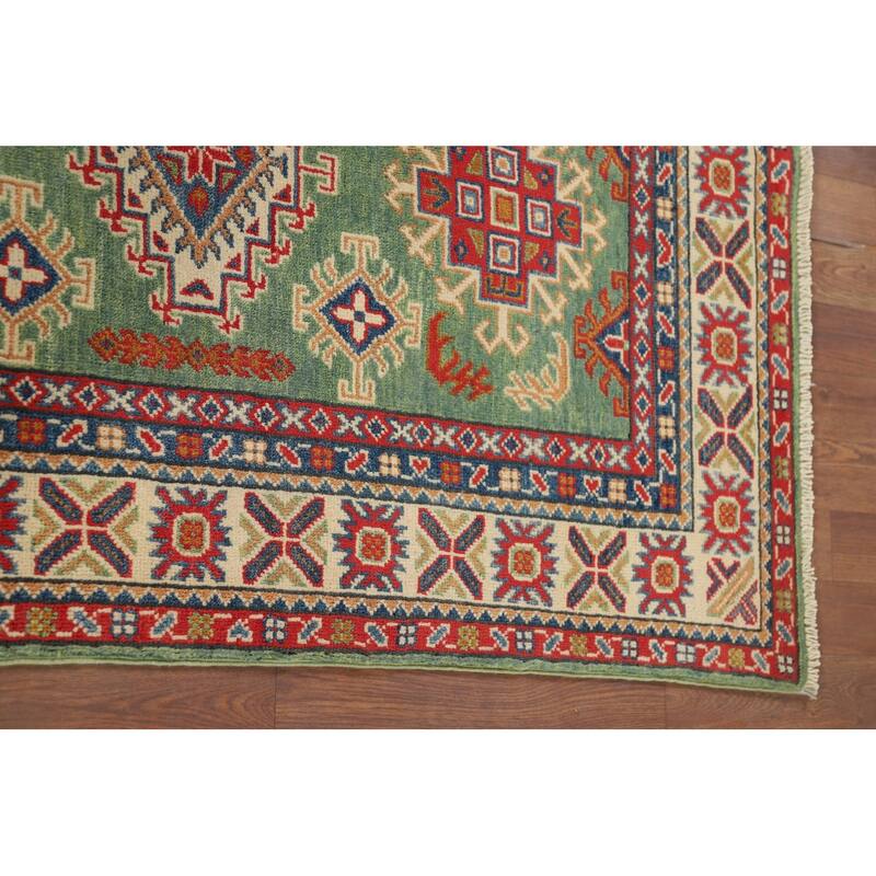 Green Geometric Kazak Foyer Rug Handmade Wool Carpet - 3'1" x 4'11"