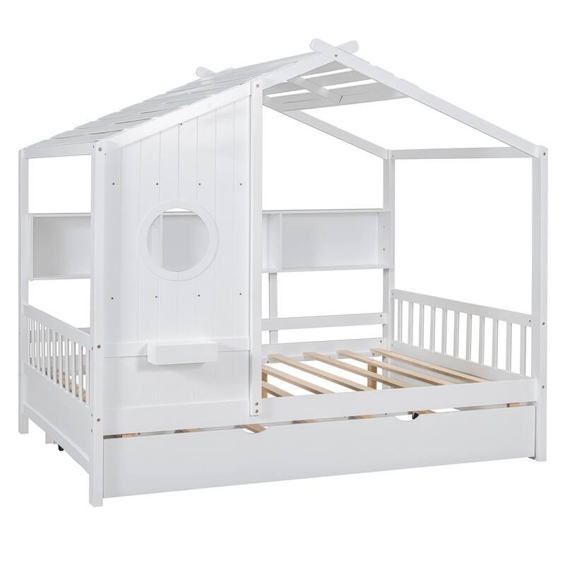 Wooden Full Size House Bed with Trundle and Storage Shlef