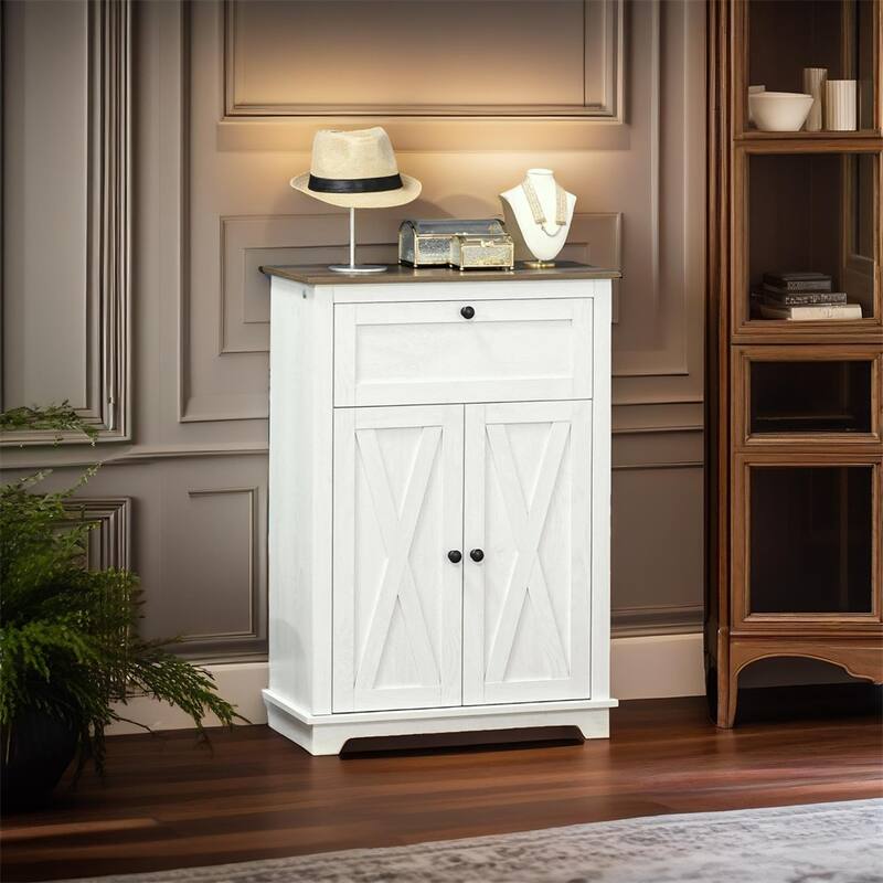 Farmhouse Barn Door Accent Cabinet, Kitchen Sideboard Storage Cabinet - White