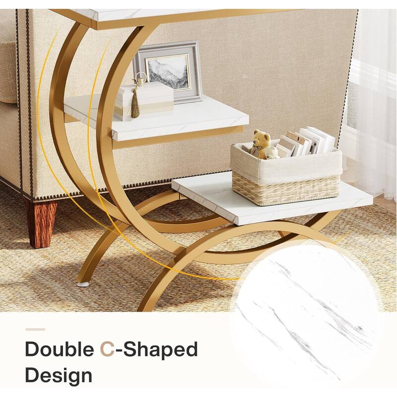 C-Shaped End Table, Industrial 3-Tier Side Table, Wood Bedside Table