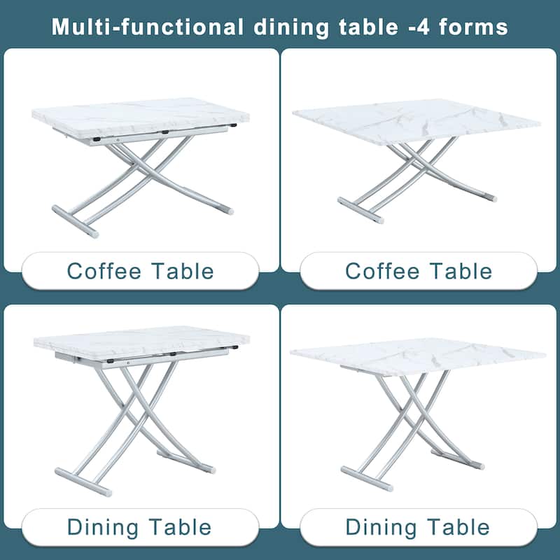 Roomfitters Lift Top Table with 0.8" MDF Surface and Silver Metal Legs, Modern Desk for Dining or Work Use, White+Silver