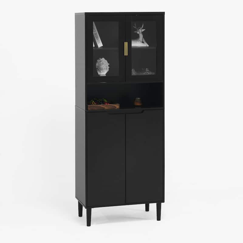 Tall Storage Show Cabinet with 2 Glass Display Door & 2 Doors, Tall Kitchen Pantry Cabinet with Gold Handles - Black
