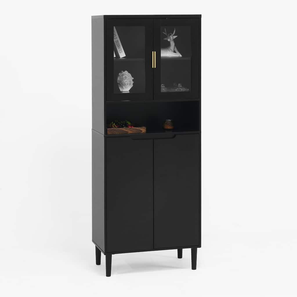 Tall Storage Show Cabinet with 2 Glass Display Door & 2 Doors, Tall Kitchen Pantry Cabinet with Gold Handles