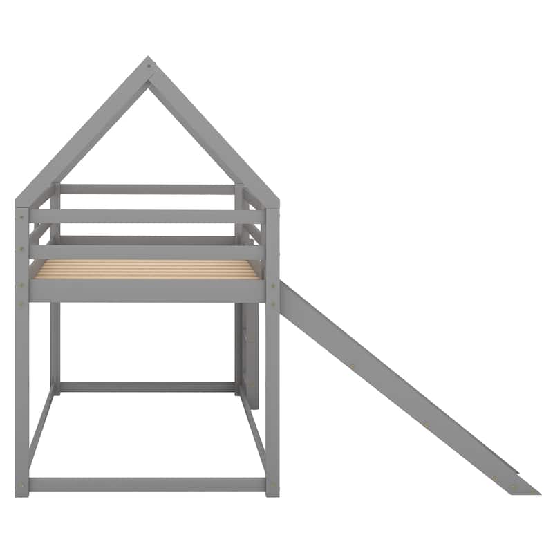 Twin Over Twin Bunk Bed with Slide House Shaped Bedframe w/Ladder