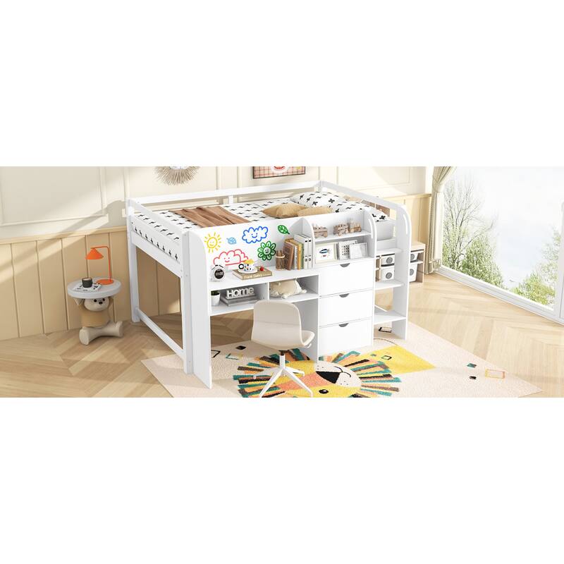 Roomfitters Full Low Loft Bed with Integrated Desk, Bookcase, Cabinets and Whiteboard, White
