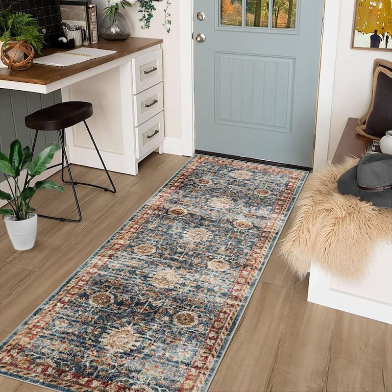 Vintage Boho Washbale Floor Cover Area Rug for Bedroom, Living Room, Dark Blue - 1'6" x 2'6"