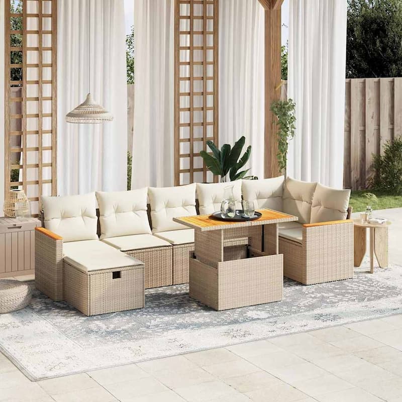 vidaXL Patio Sofa Set with Cushions Outdoor Conversation Furniture Poly Rattan - Beige and Cream-without storage - 21.7 x 39.4 x 28.7