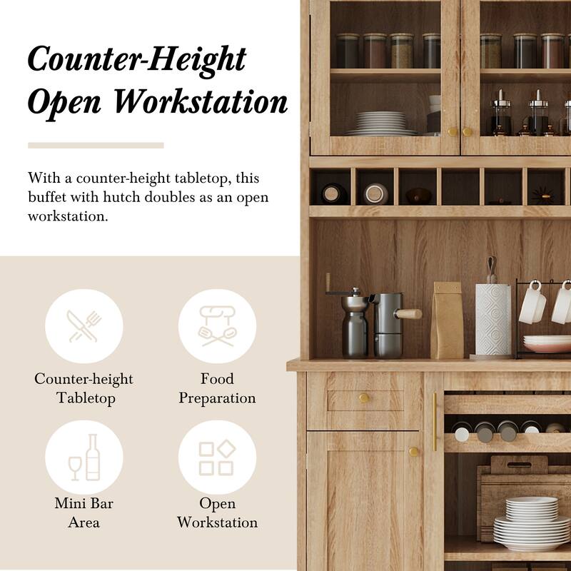 Roomfitters Farmhouse Kitchen Pantry Buffet Hutch with Wine Rack and Glass Doors, Tall Storage Cabinet