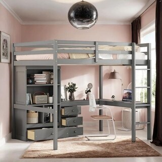 High Full Loft Bed with Desk, Storage Shelves and Drawers, Guardrails, Grey