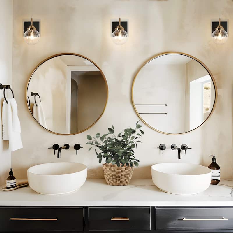 Modern 2-Light Black Gold Bathroom Vanity Light Ribbed Glass Wall Sconce