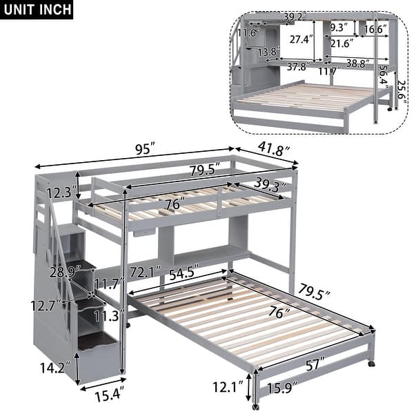 Bunk Bed with Storage Staircase, Desk, Shelves and Hanger for Clothes