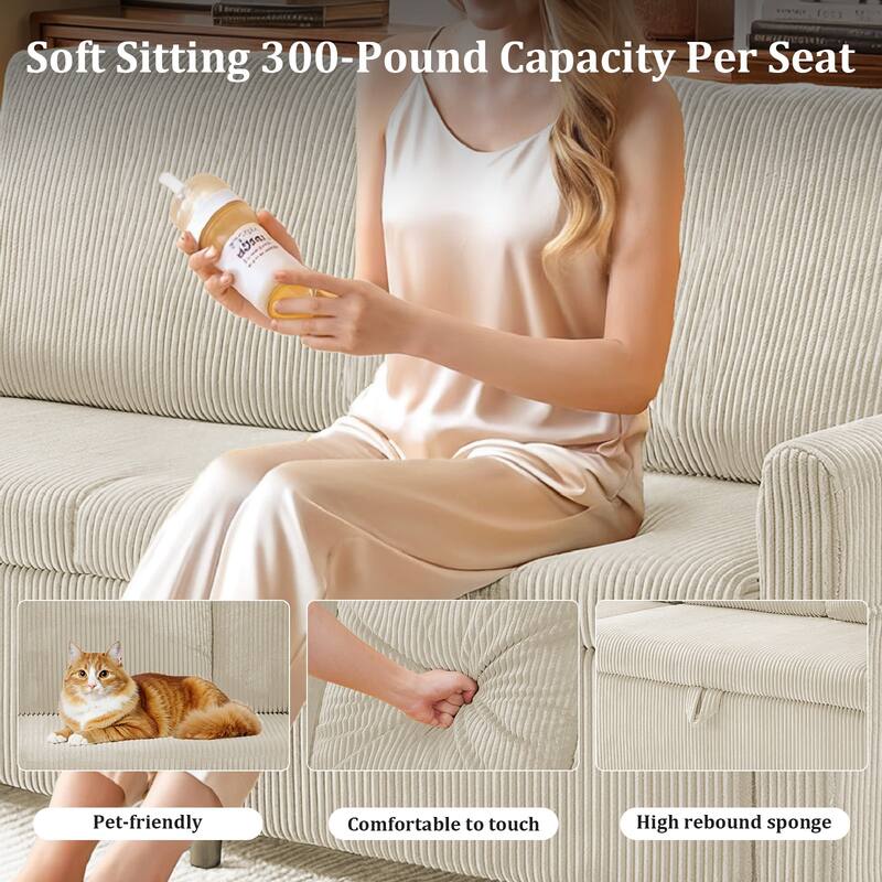 Pocassy 71" Corduroy Fabric Modern 3 Seater L-Shaped Sofa with Reversible Chaise