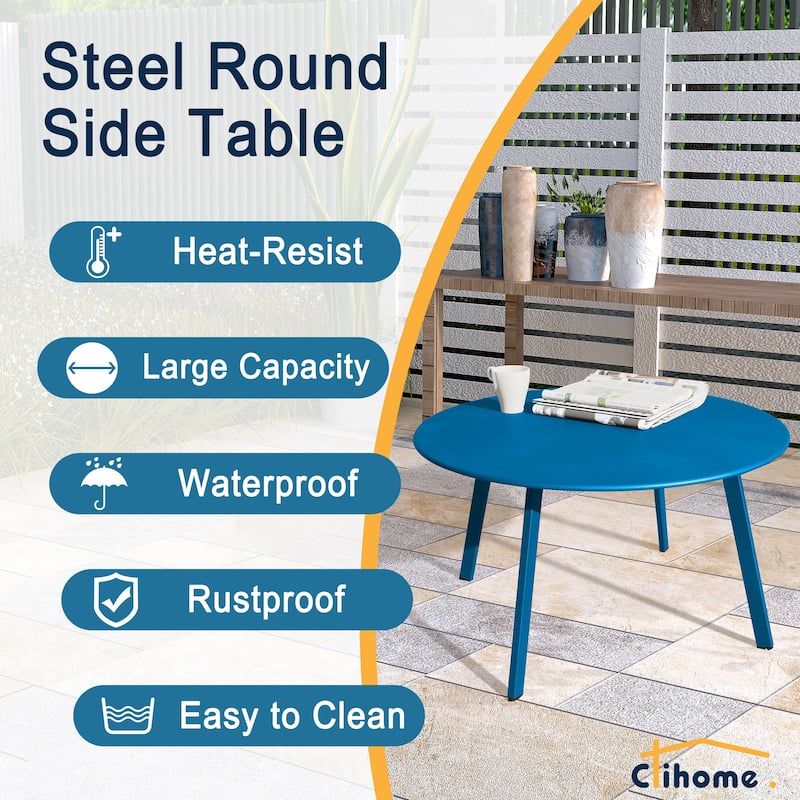 Clihome Weather Resistant Round Steel Patio Large Coffee Table
