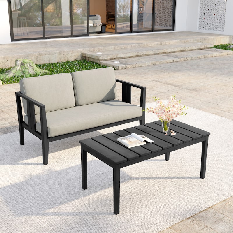 Casual 53"W Outdoor Patio Loveseat Set In Solid Teak Wood with Cushion - Dark Wood - Light Camel
