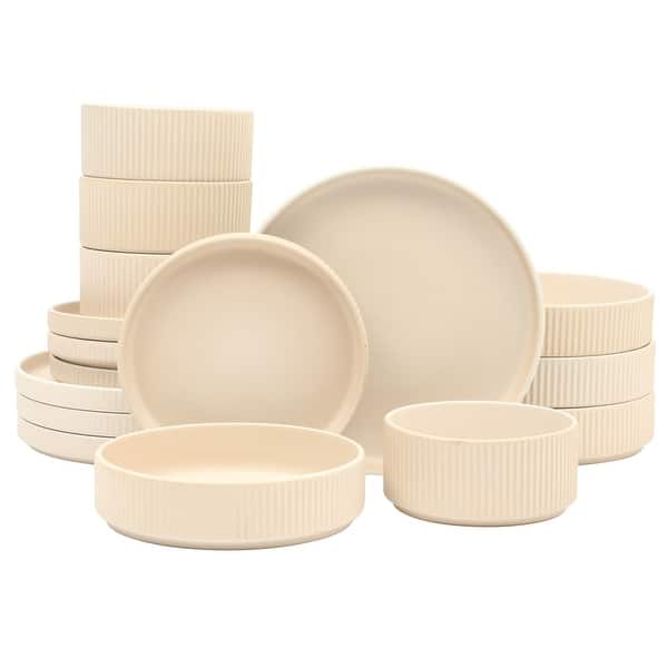 slide 2 of 18, Gibson Elite Deerfield 16-Piece Stoneware Dinnerware Set - Stackable Plates and Bowls, Reactive Glaze Finish, Service for 4 Cream White