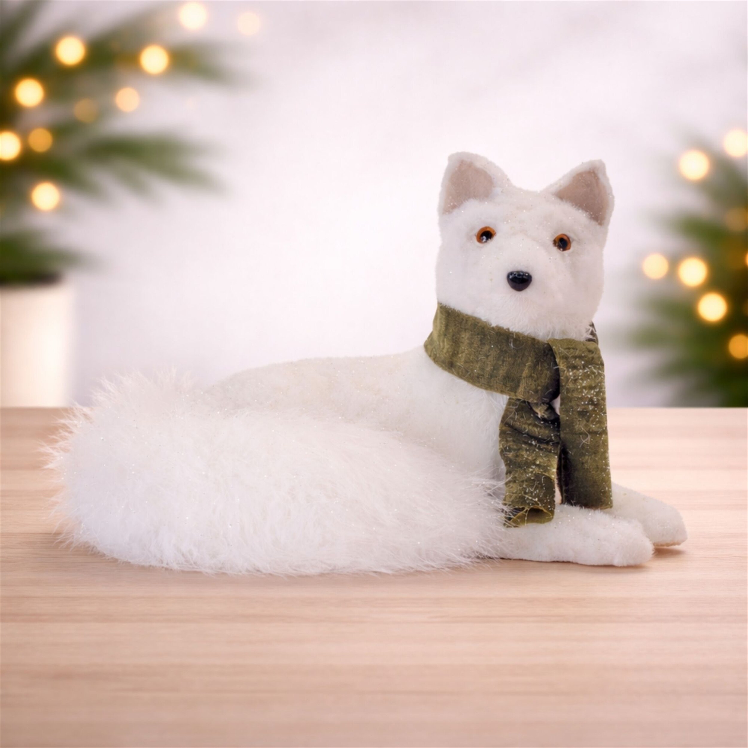Plush Winter Fox Figurine with Fluffy Tail, Festive Green Scarf