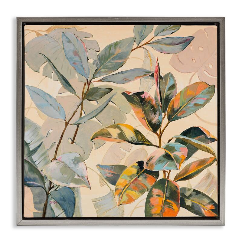 Stupell Tropical Leaves Warm Tones Framed Floater Canvas Wall Art Design By Dusza - 25 x 25 - Grey