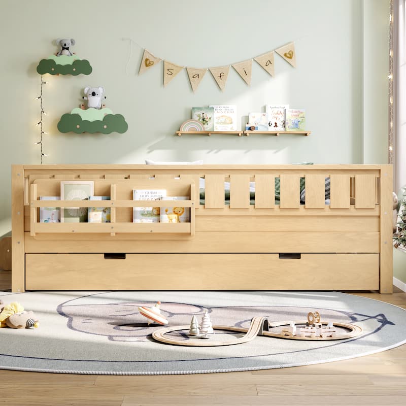 Full/Twin Size Wood Bed with Built-in Bookshelves and Storage Staircase, Safety Rails and Trundle Bed