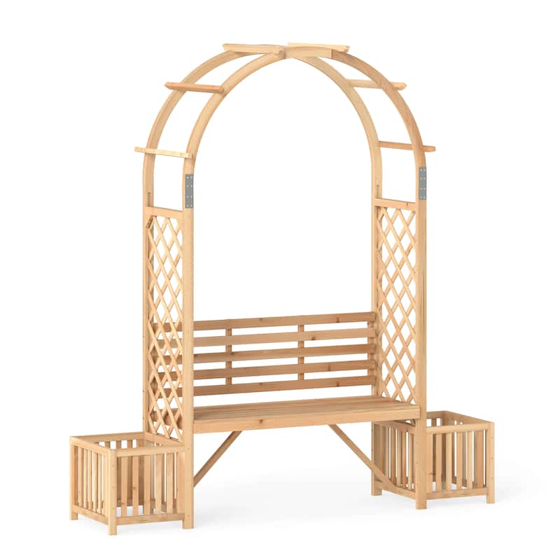 Costway Garden Bench Arbor Arch with Love Seat 2 Trellises & Planting - Wood - See Details
