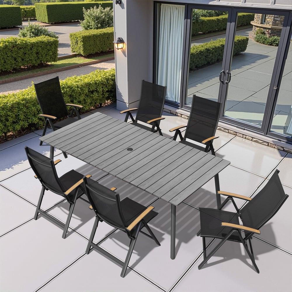 7/9-Piece Outdoor Rectangle Aluminum Dining Table with Umbrella Hole include Folding Chairs