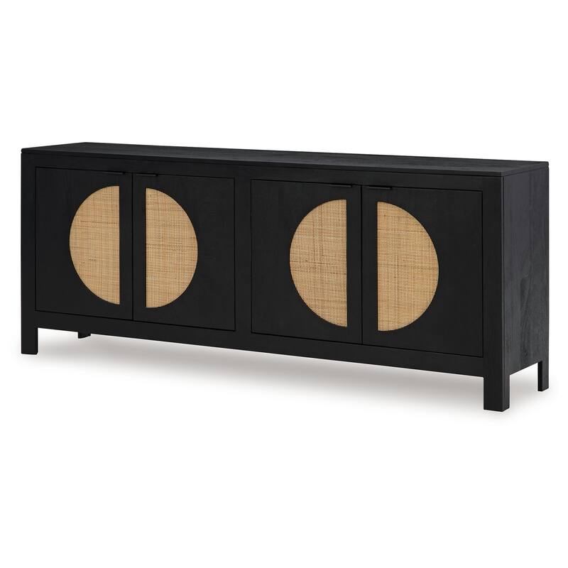 Sideboard Cabinet Console, 4 Doors Woven Cane, 70 Inch Black and Brown