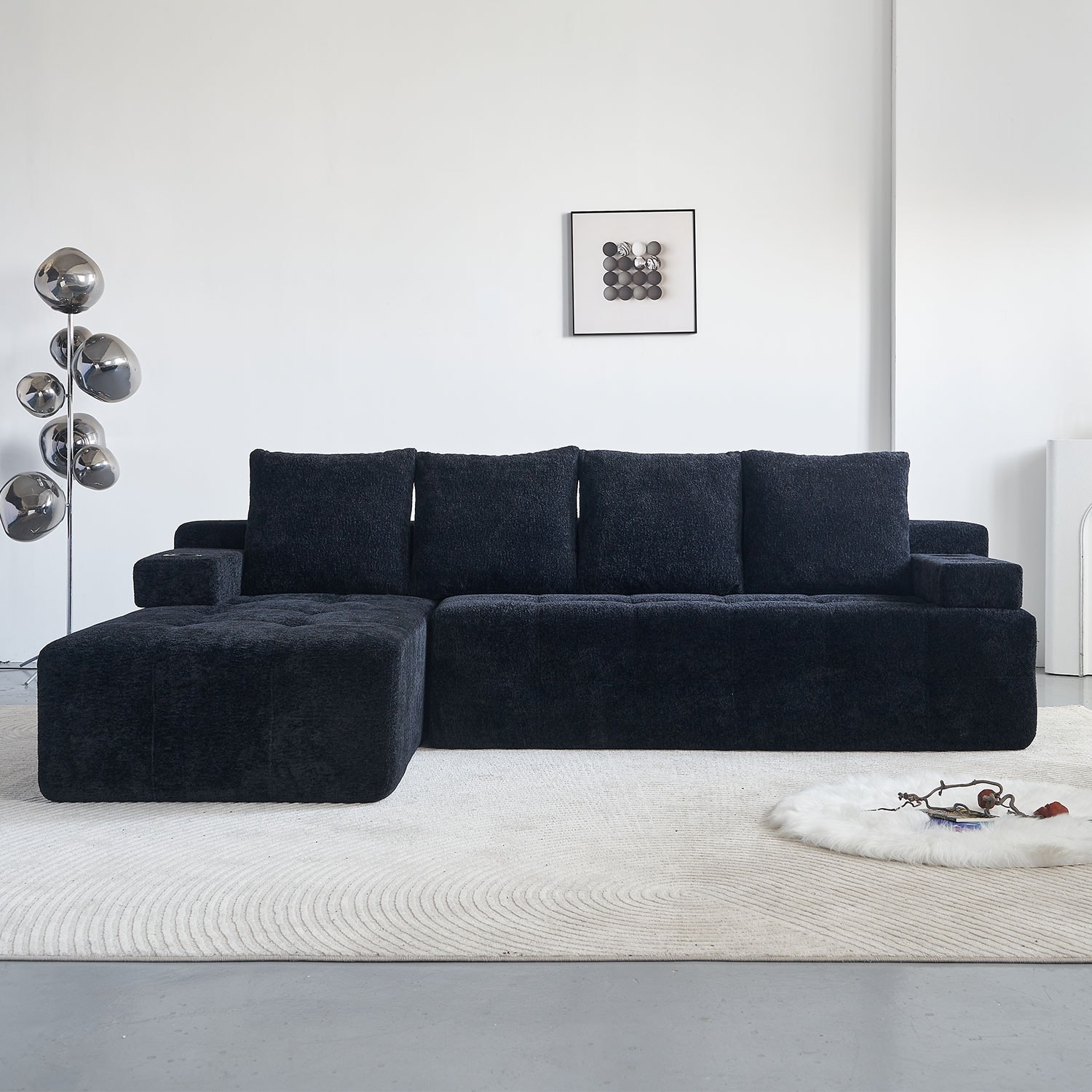 Black Chenille L-Shaped Sectional Sofa, Reversible Chaise Couch with Wireless & USB Charging