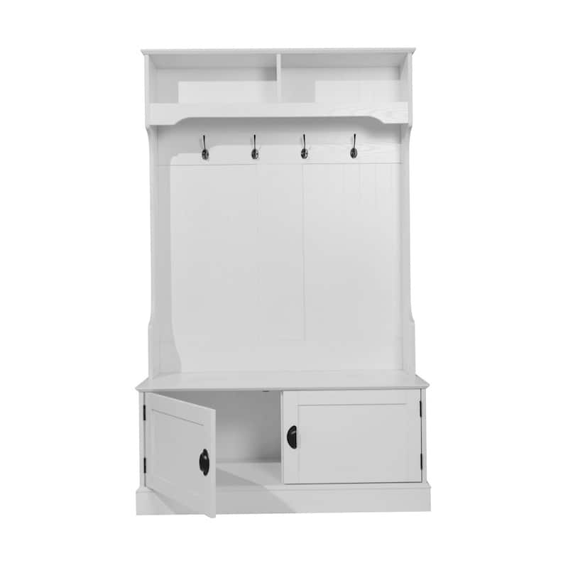 4 Hook Hallway Tree with Storage Bench and Upper Cubbies