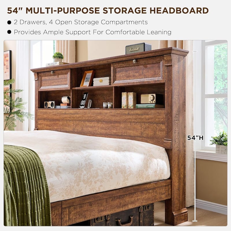 Farmhouse King Size Bed Frame with 54" Tall Storage Bookcase Headboard