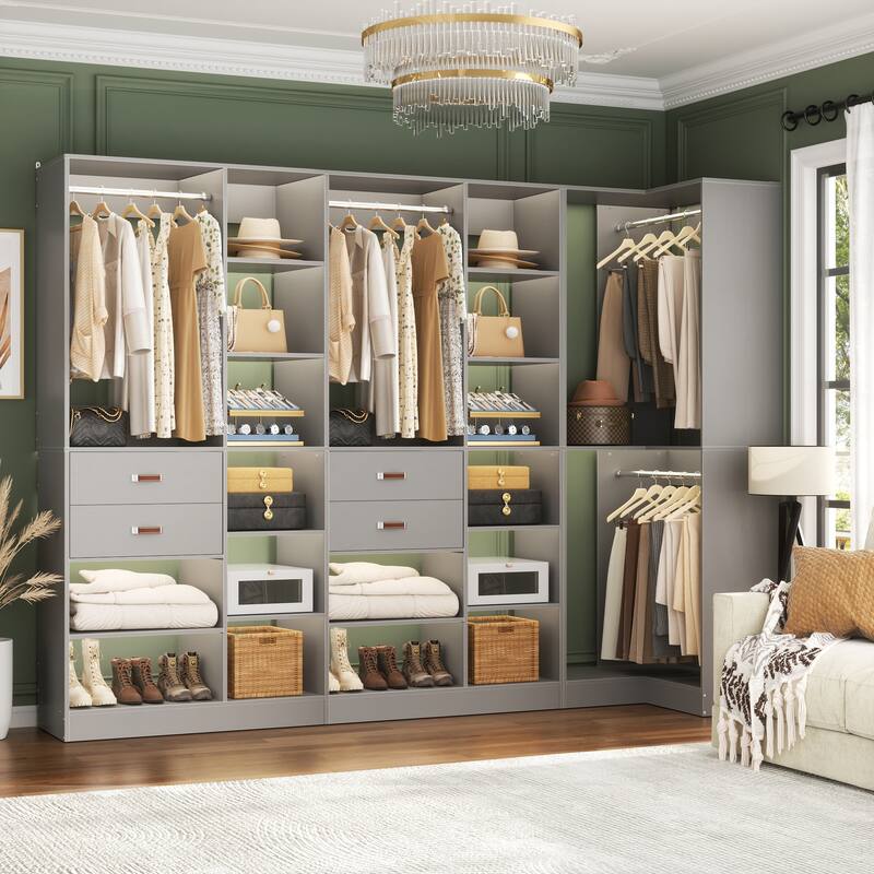 Set of 3 Corner Closet System with Tower Shelves, Closet Organizer with Drawers and Hanging Rods - Grey