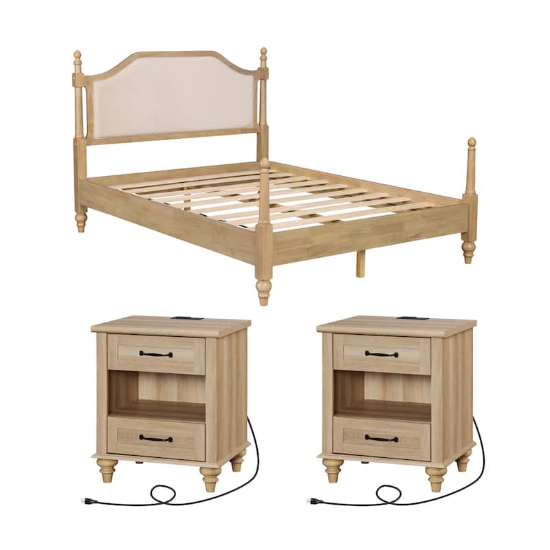 3 Piece Bedroom Set, Queen Size Bed Frame & Set of 2 Nightstands, Oak