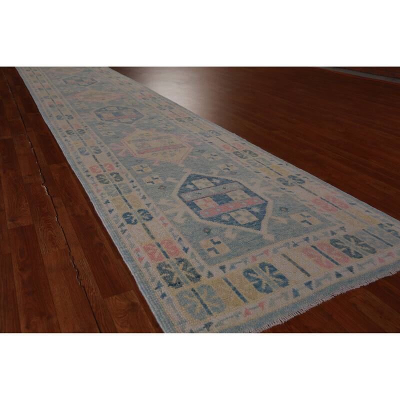 Hand Knotted Oriental 100% Wool Carpet Transitional Geometric Navy Blue & Blues Oushak Runner Rug - 17' 0'' X 3' 3''